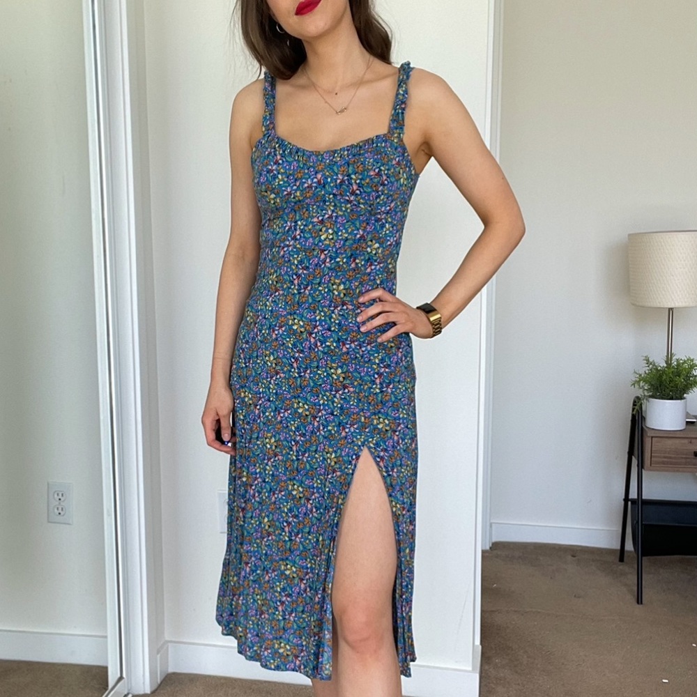 ZARA BLUE FLORAL MIDI DRESS WITH SLIT